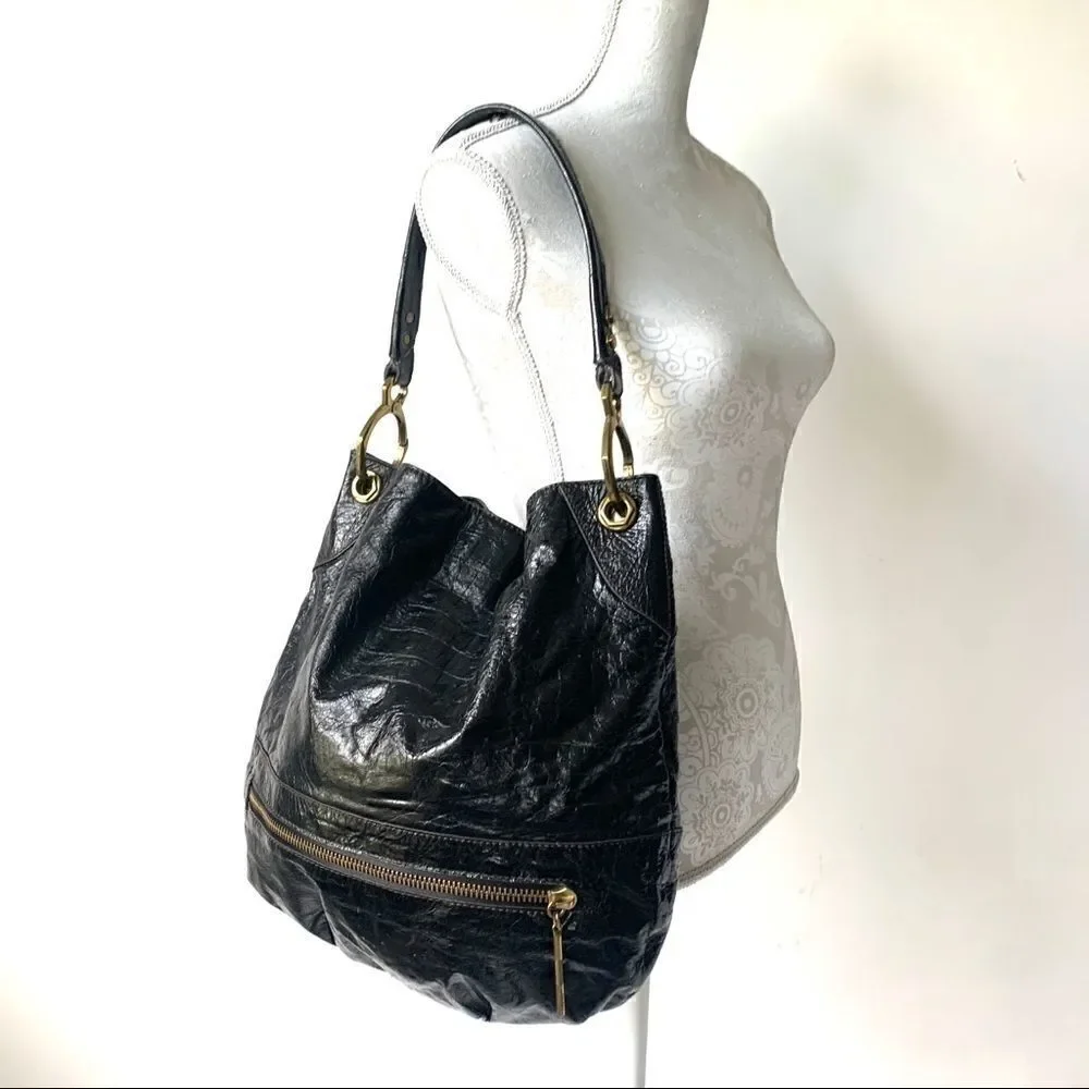 Or Yany New Textured Black Leather Hobo Bag